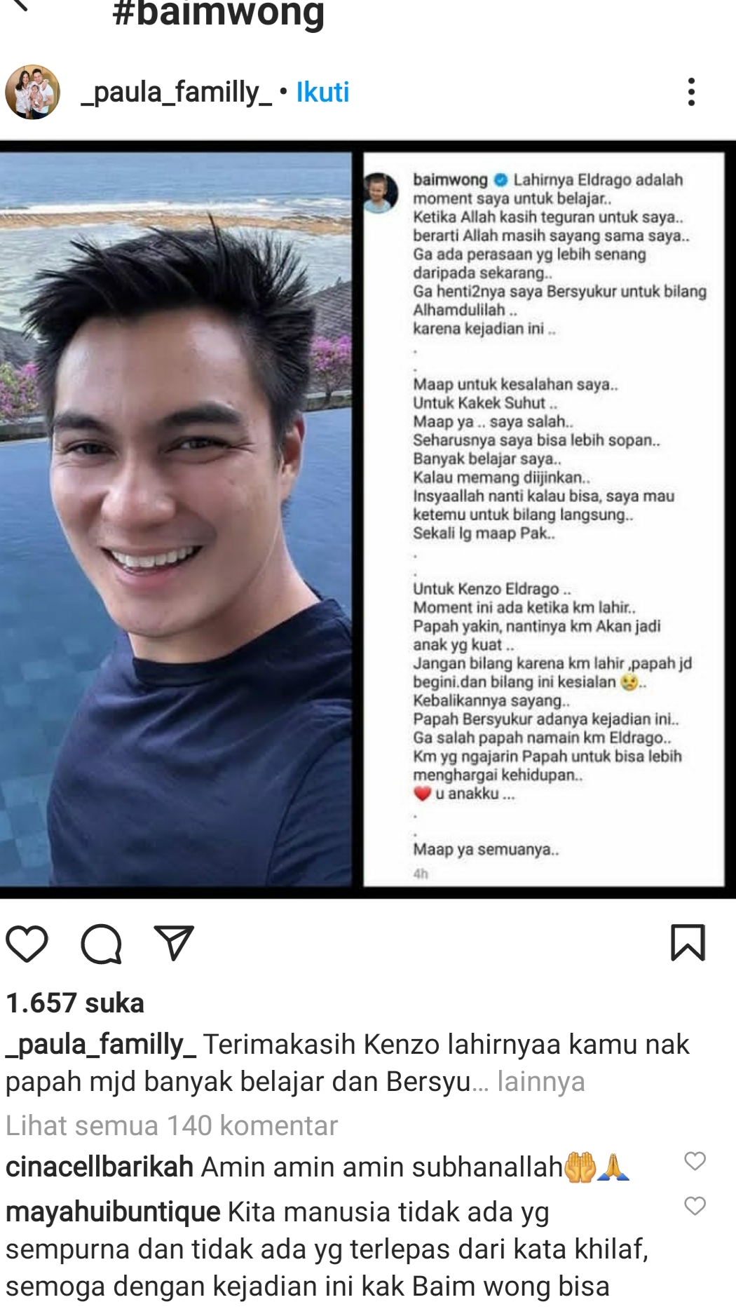 Read more about the article Kakek Suhud Sakit Hati di marahi Baim ,Baim Wong Minta Maaf Lewat instagramnya